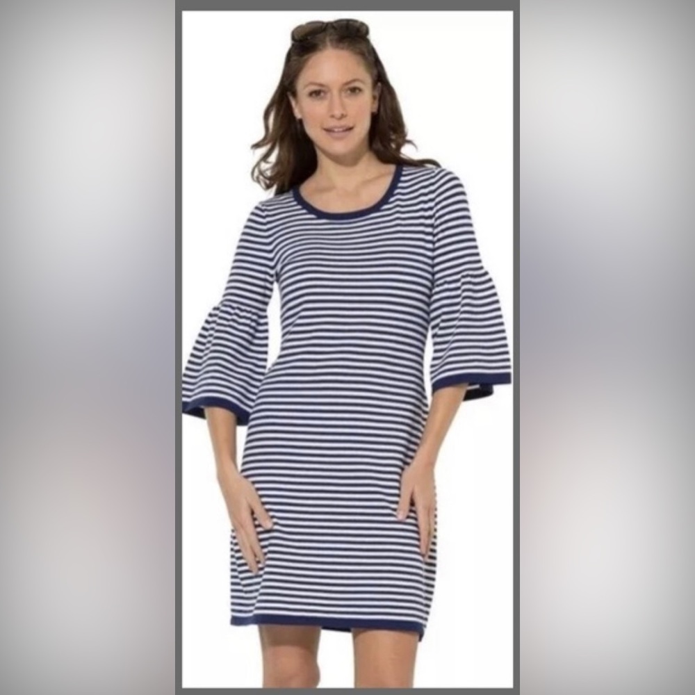 Sail to Sable Navy Blue White Striped Bell Sleeve Sweater Dress Medium
